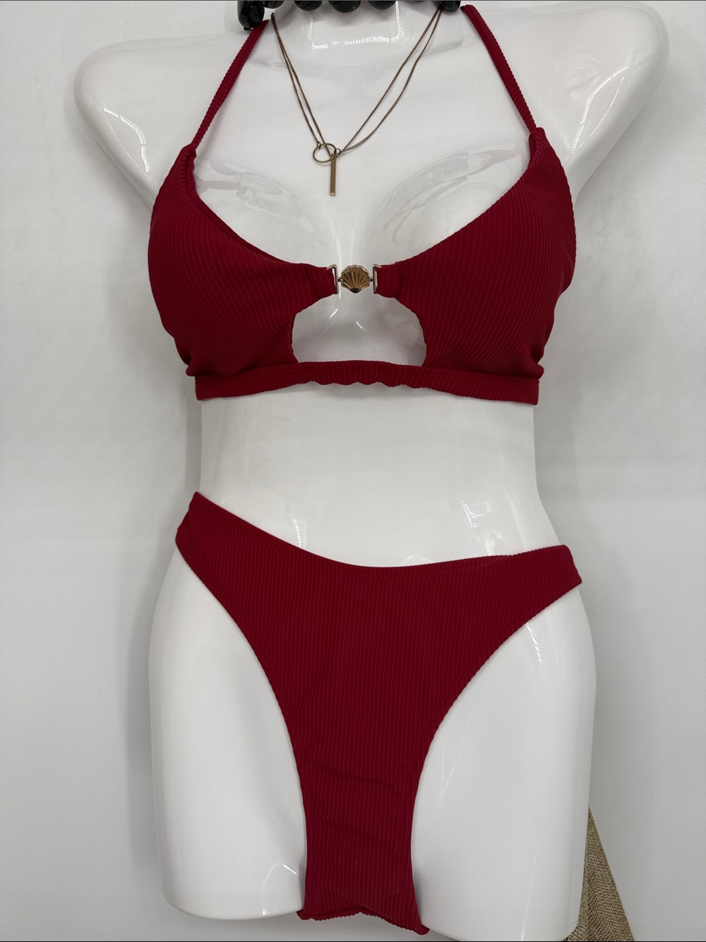 Red Ribbed Cutout Bikini Set